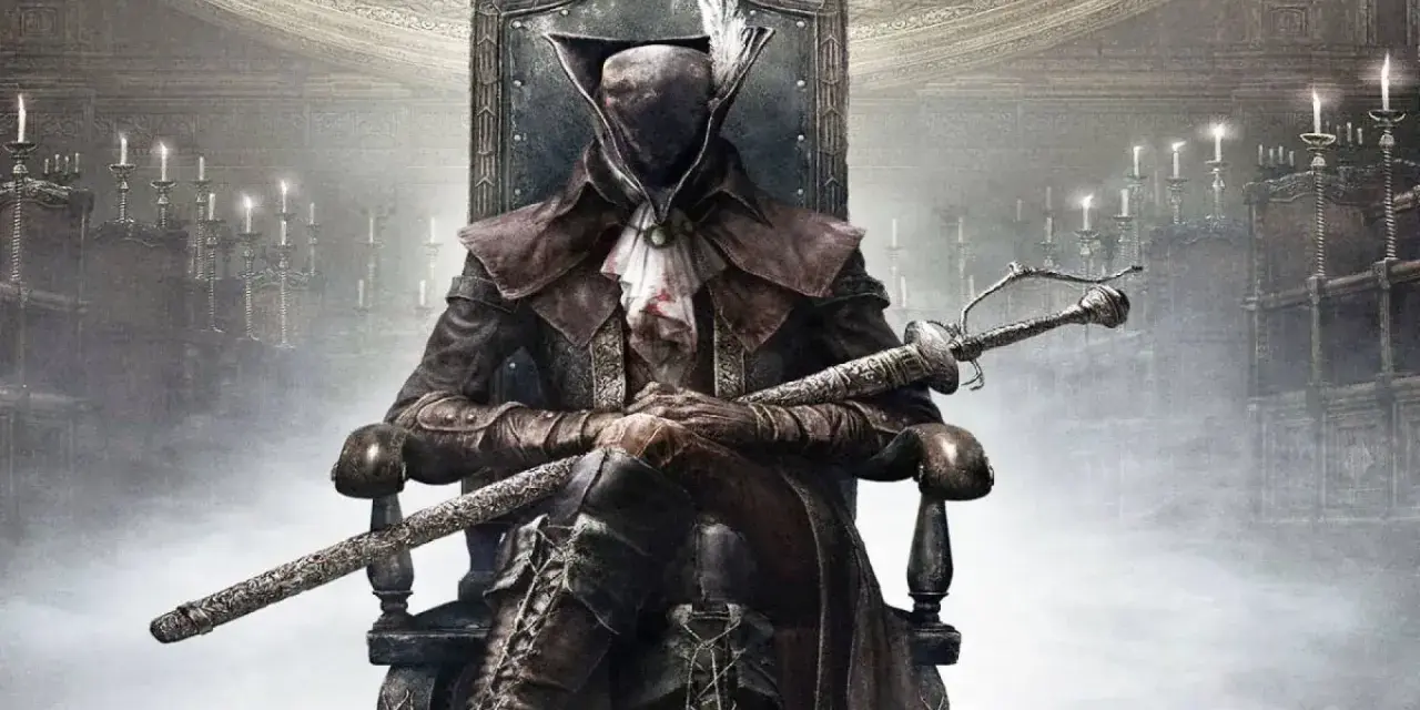 Figura sombría con espada en mano, sentada en un trono, evocando la atmósfera de Bloodborne para PC.
