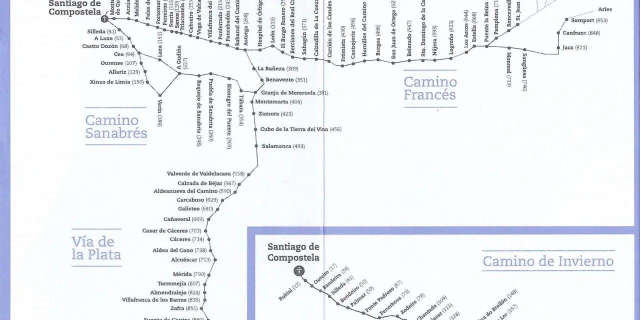 Mapa de rutas de peregrinación a Santiago de Compostela, incluyendo el Camino Francés, Inglés, Sanabrés, Vía de la Plata y Camino de Invierno. La ruta de la lana es un concepto histórico ligado a estas peregrinaciones.