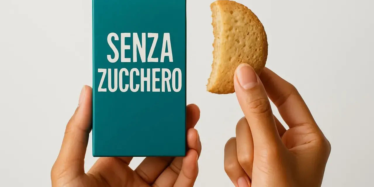 Mani che tengono una scatola con scritto "SENZA ZUCCHERO" e un biscotto senza zucchero.