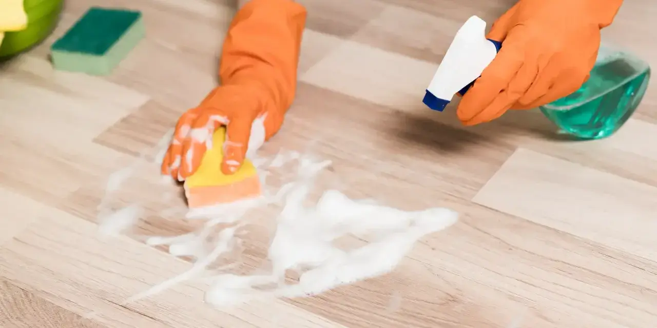 Hands in orange gloves spray cleaner and scrub a vinyl plank floor with a sponge, showing how to clean vinyl plank flooring.