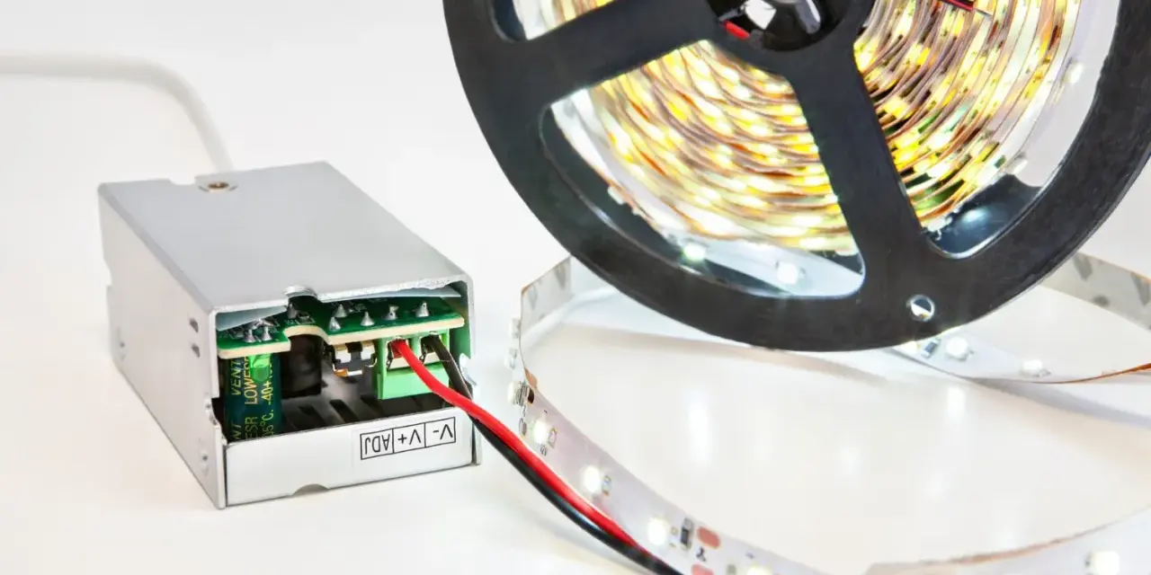 Zasilacz do taśmy LED 5m. Zasilacz impulsowy z zielonym złączem i czerwoną diodą. Rolka taśmy LED z białymi diodami.