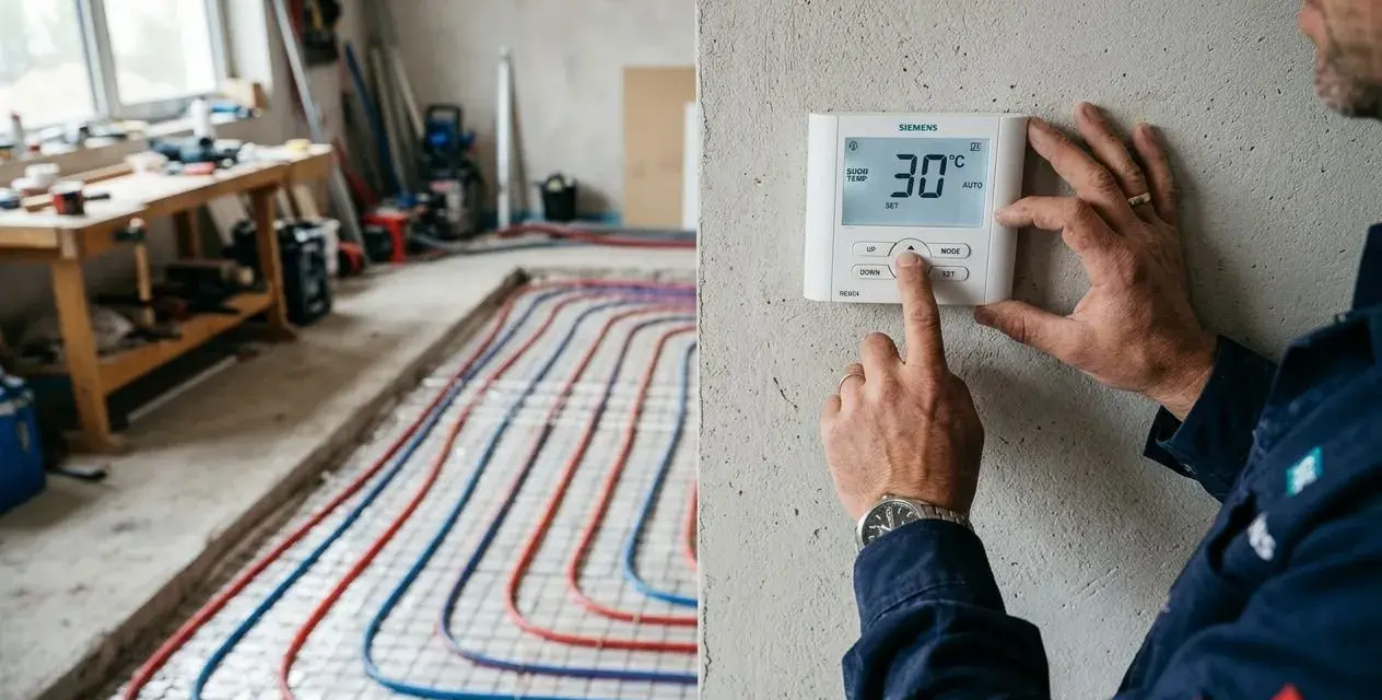 Mise en chauffe plancher chauffant avant carrelage : un technicien règle le thermostat. Les tuyaux rouges et bleus sont prêts pour le béton.