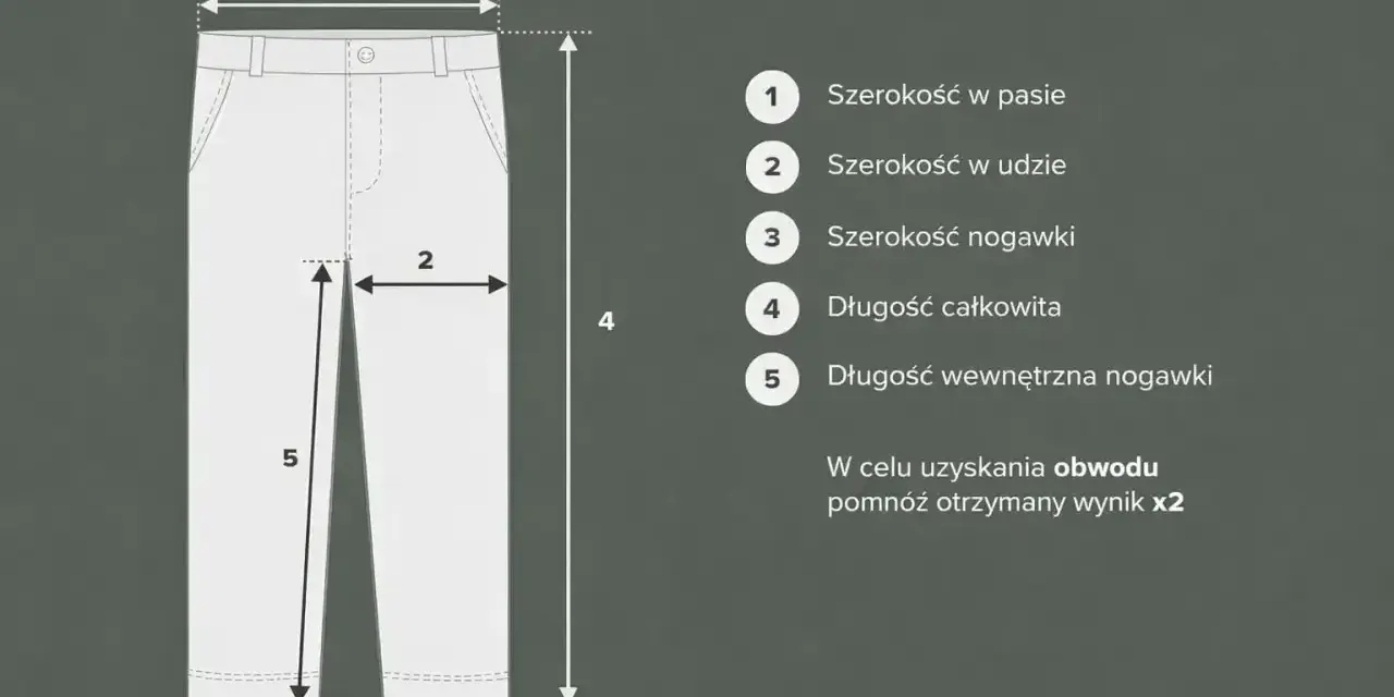 Tabela rozmiarów spodni: szerokość w pasie (1), w udzie (2), nogawki (3), długość całkowita (4) i wewnętrzna nogawki (5). Jaki to rozmiar?