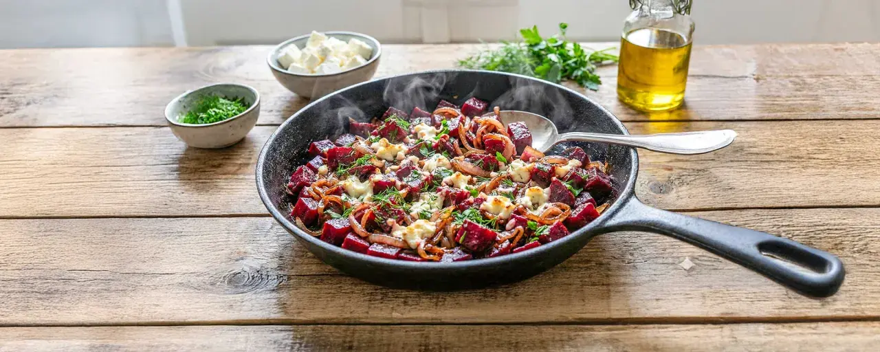 Heißer Bratpfanne mit Rote Bete, Zwiebeln und Feta – ein köstliches Gericht, das Lust auf mehr rote Bete Rezepte macht.