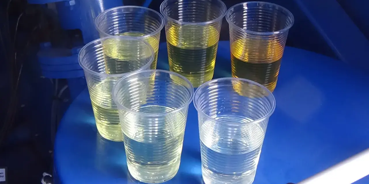 Sześć przezroczystych kubków z płynami o różnym zabarwieniu, od jasnego do ciemnożółtego. Prawdopodobnie próbki oleju napędowego do analizy.