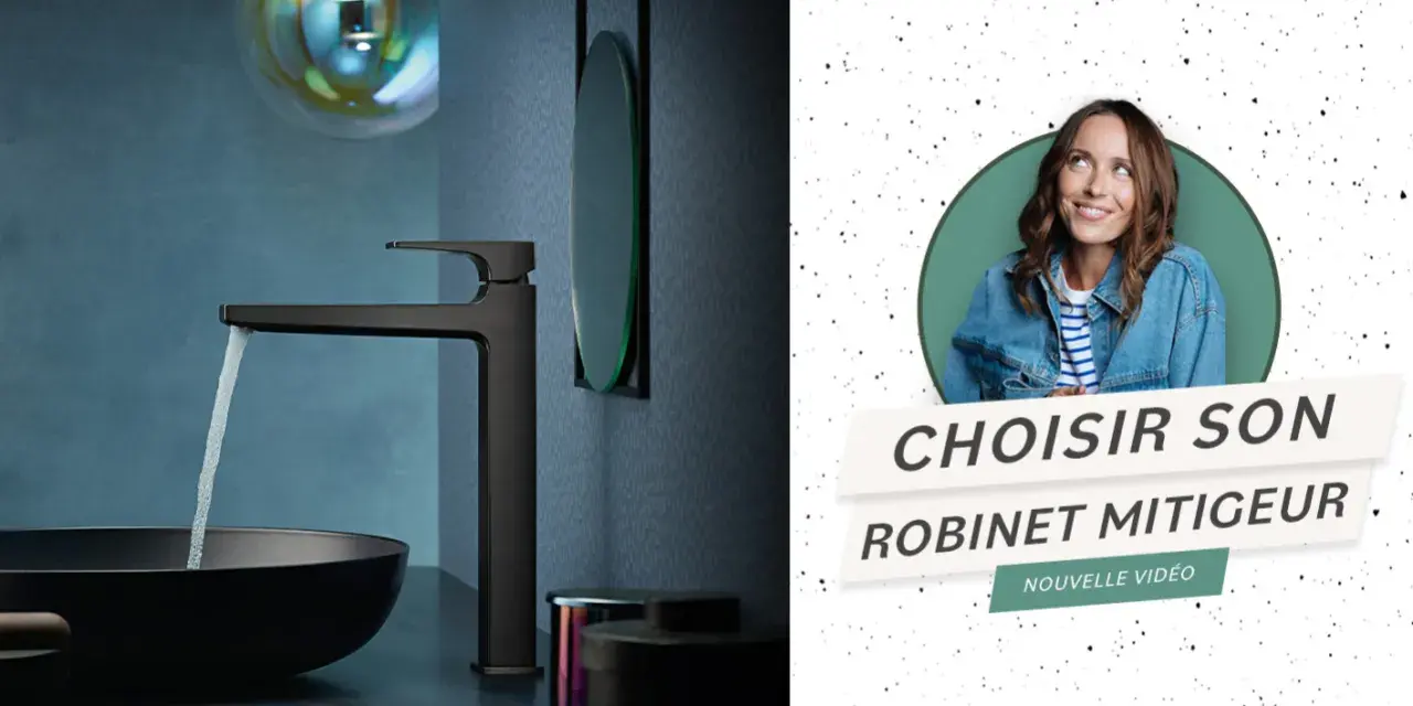Vidéo expliquant comment fonctionne un mitigeur. Une femme souriante et un robinet moderne dans une salle de bain.