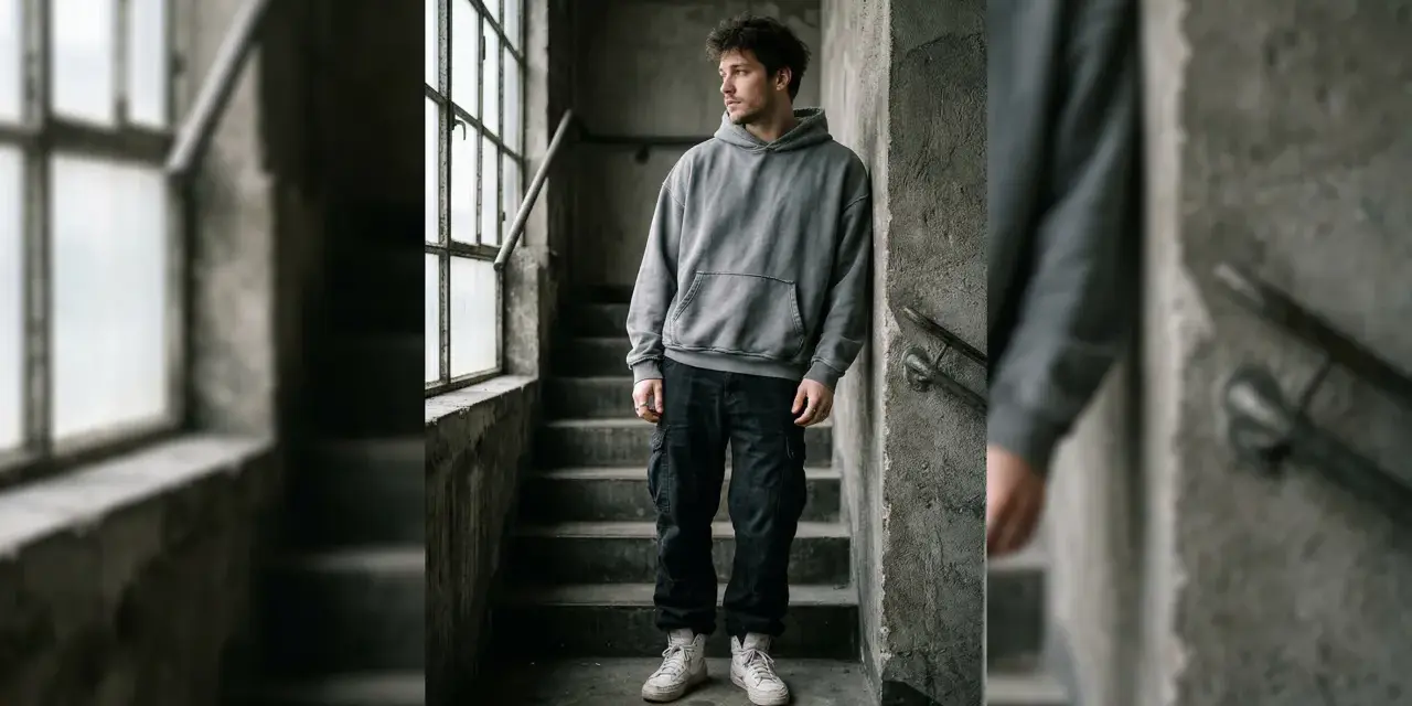 Giovane uomo con felpa oversize e pantaloni cargo scuri appoggiato a un muro di cemento, con scale e finestra sullo sfondo.