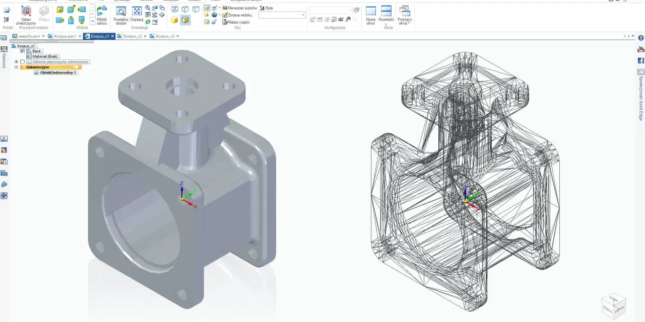 Projektowanie figurek 3d: widok bryłowy i siatkowy elementu w programie CAD.