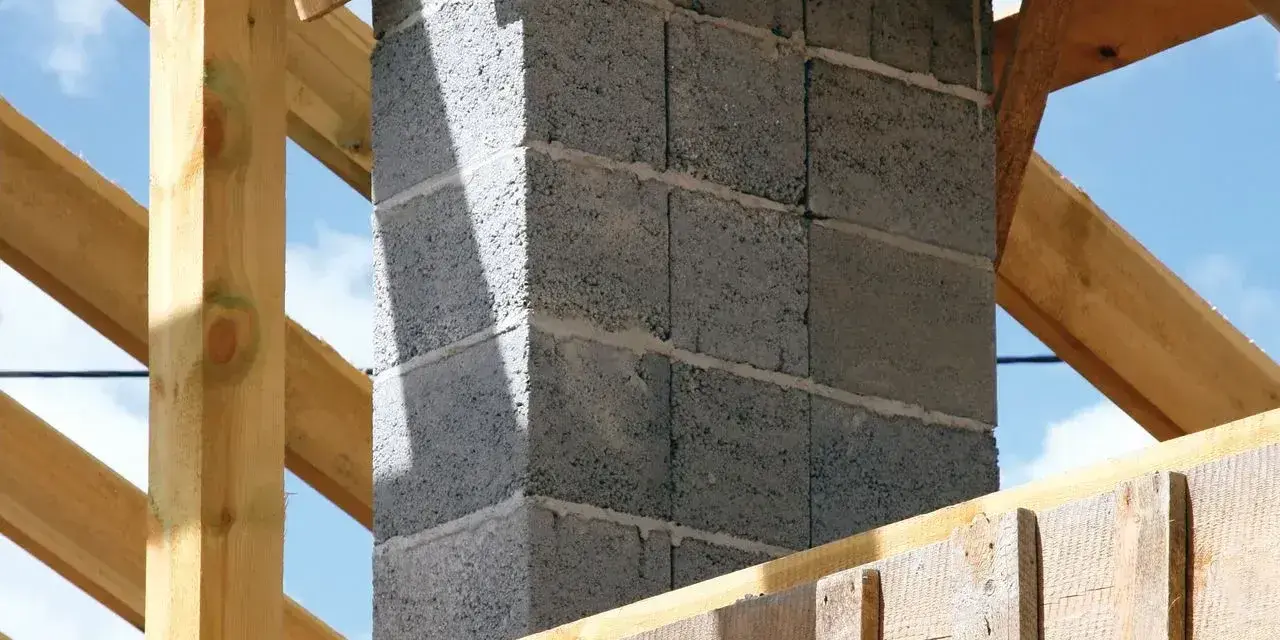 Budowa komina systemowego. Fundament z bloczków betonowych, otoczony drewnianą konstrukcją dachu.