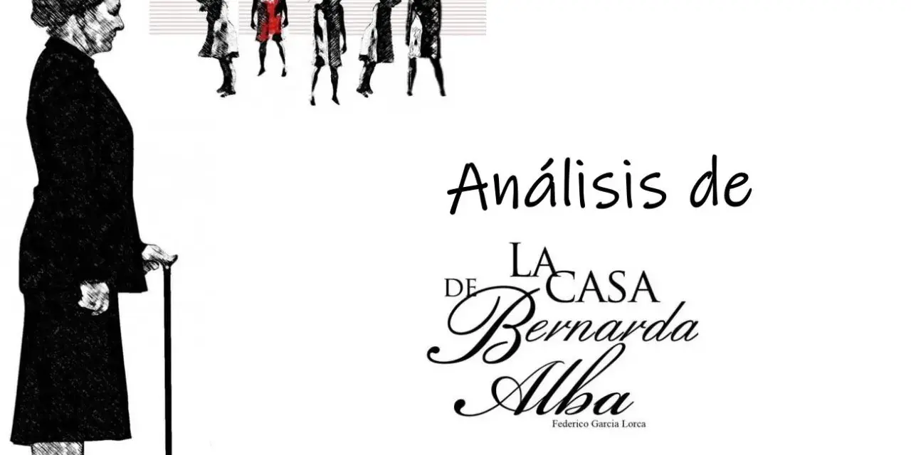 Análisis de "La casa de Bernarda Alba" con símbolos: Bernarda observa a sus hijas, figuras suspendidas que representan la opresión y los símbolos de la obra.