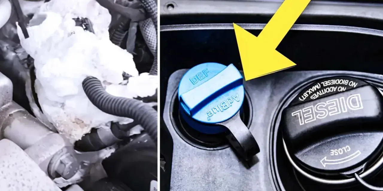 Fryst AdBlue-system i bilen. En gul pil pekar mot AdBlue-locket, bredvid diesellocket.