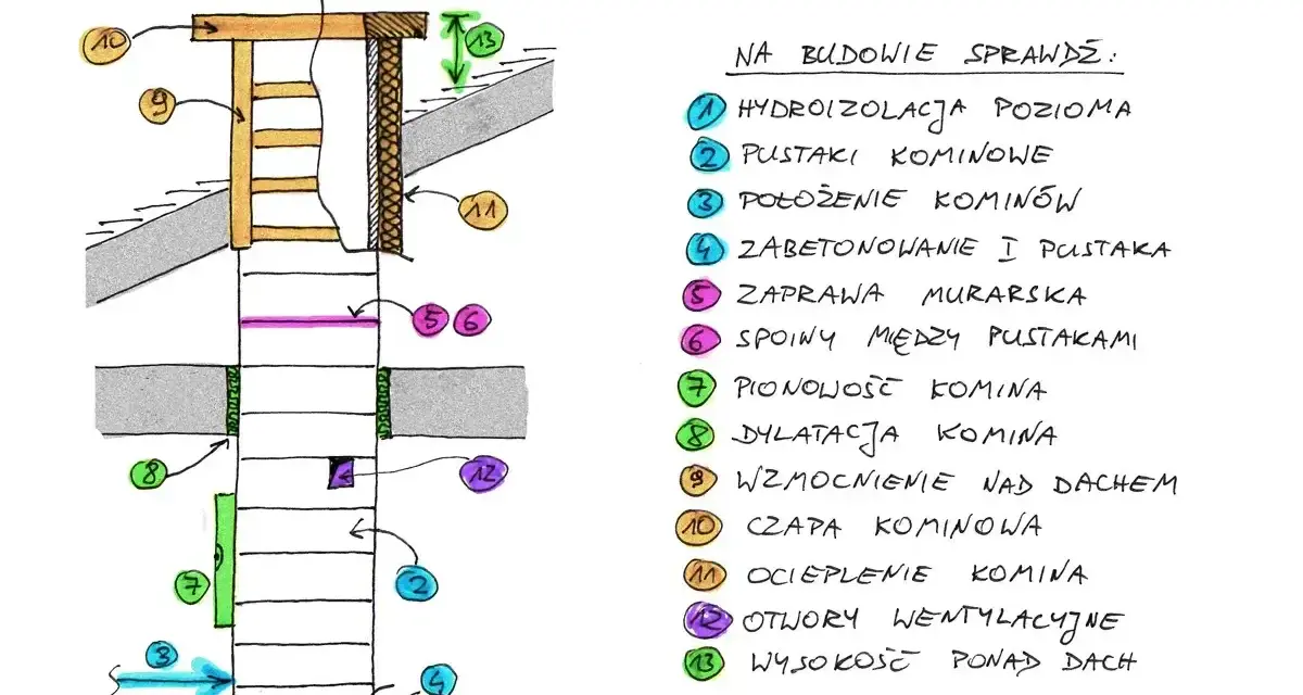 Schemat kontroli budowy komina wentylacyjnego. Pokazuje, jak wyciąć otwór wentylacyjny w kominie, uwzględniając izolację, pustaki i zaprawę.