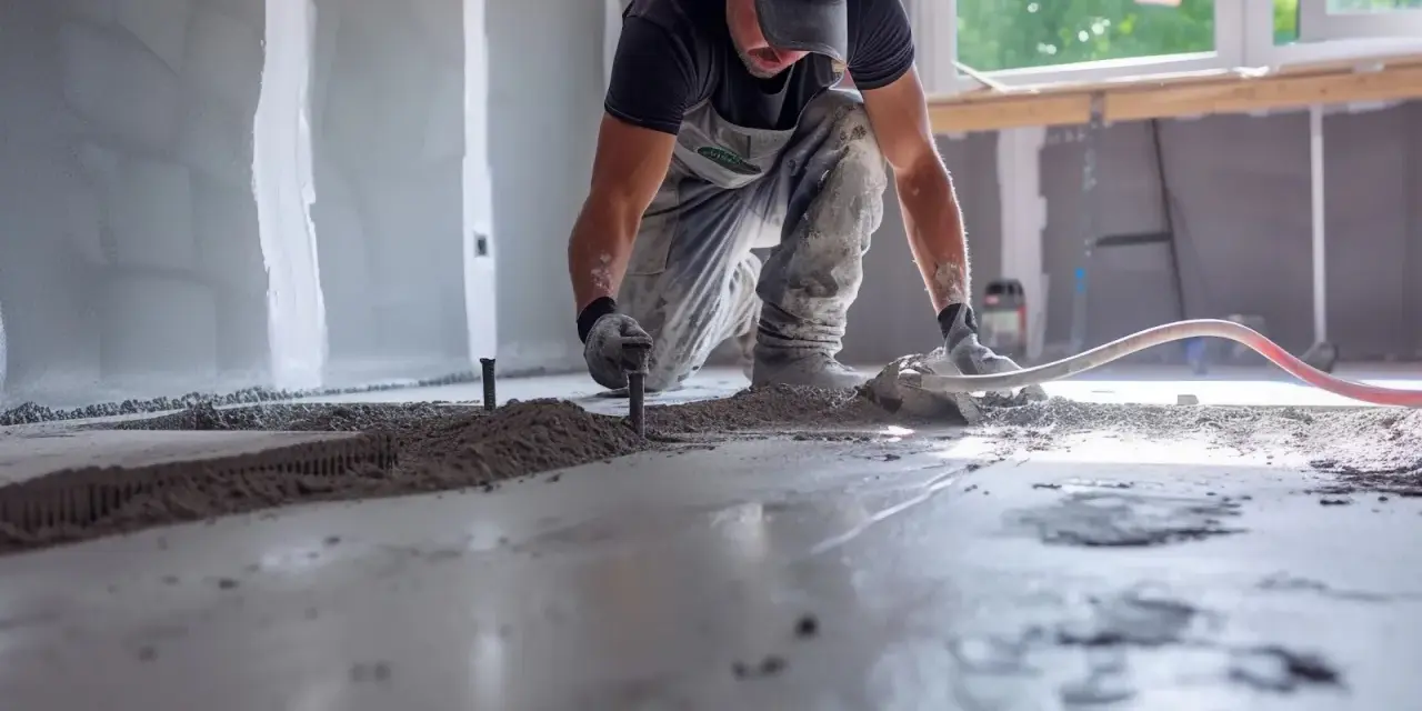 Budowlaniec wylewa betonową wylewkę, wyrównując ją ręcznie.