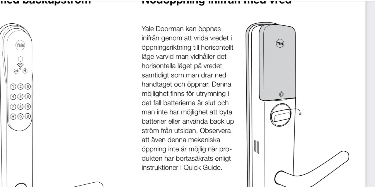 Illustration av Yale Doorman. Beskriver hur man öppnar dörren inifrån vid strömavbrott, och hur man kan byta batteri.