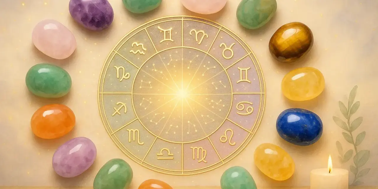 Cerchio zodiacale dorato circondato da pietre colorate, ognuna una pietra segno zodiacale, con una candela accesa.