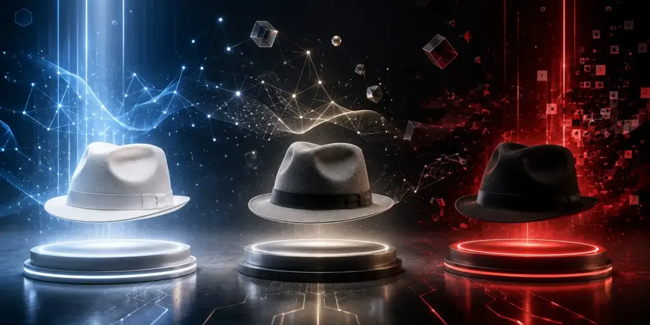 Drei Hüte (weiß, grau, schwarz) schweben über Podesten, umgeben von digitalen Netzwerken und Würfeln. Symbolisiert die verschiedenen Strategien im **white hat seo**.