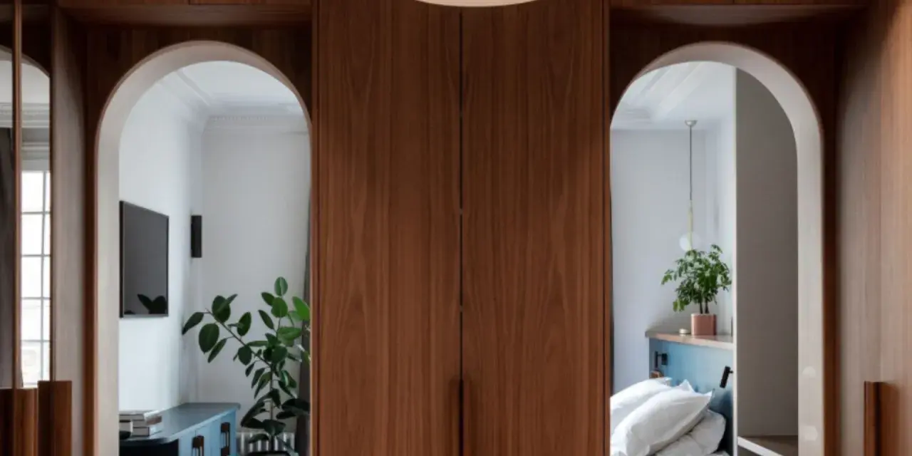 Deux arches arche maison en bois de noyer encadrent une chambre avec un lit blanc et un salon avec une télévision.