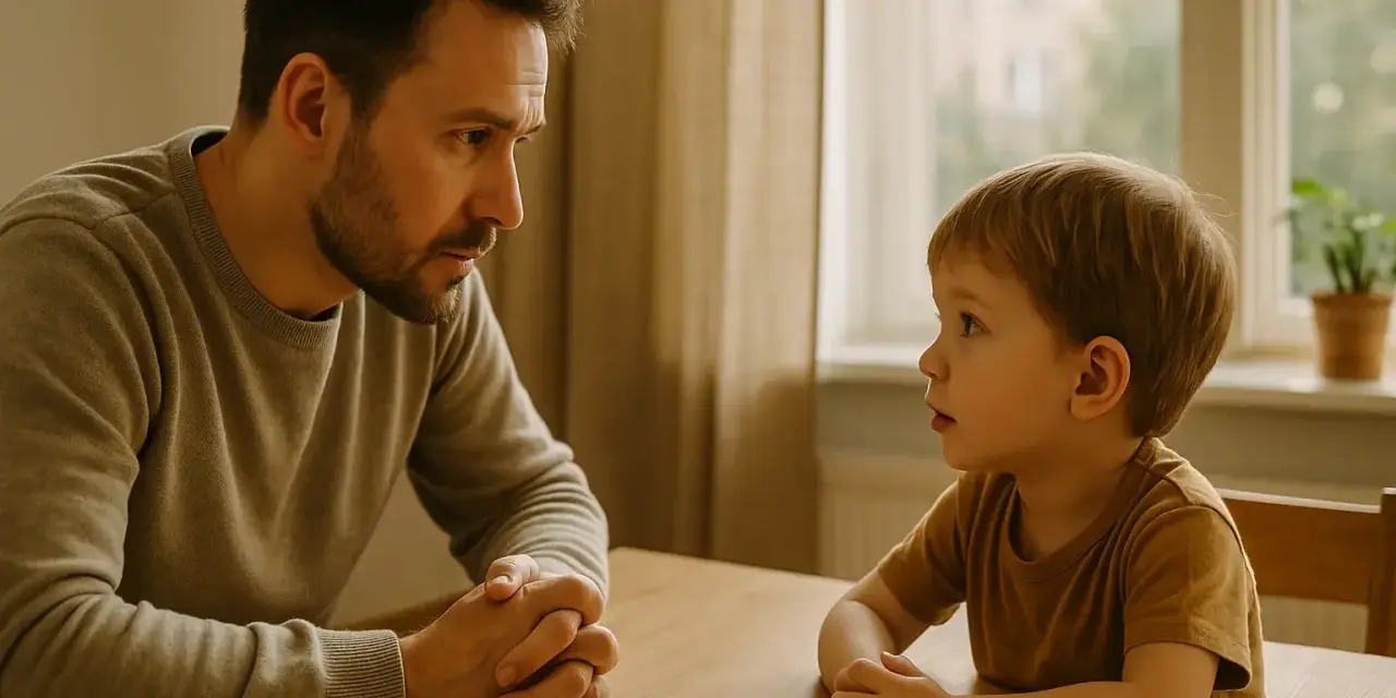 Ojciec poważnie rozmawia z synem przy stole. Chłopiec słucha uważnie, zastanawiając się, co to jest kłamstwo.