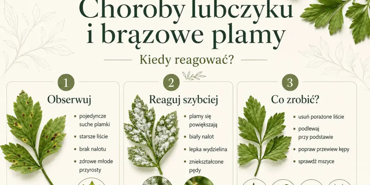 Choroby lubczyku: brązowe plamy, biały nalot, lepka wydzielina. Porady, jak reagować na choroby lubczyku i dbać o zdrowe rośliny.