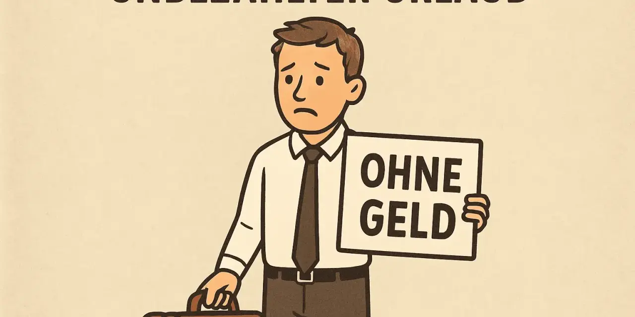 Trauriger Mann mit Koffer und Schild "OHNE GELD". Der Text darüber lautet "UNBEZAHLTER URLAUB". Er symbolisiert das Recht auf unbezahlten Urlaub, der aber ohne Geld nicht genossen werden kann.