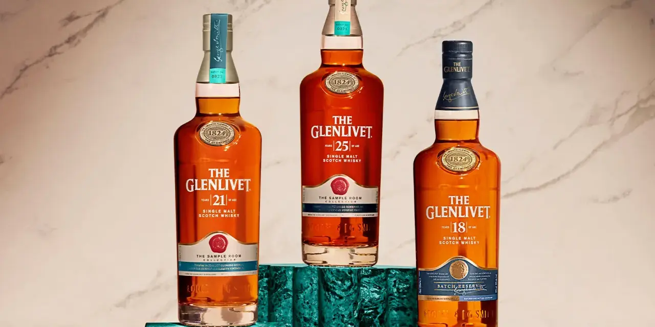 Drei Flaschen The Glenlivet Single Malt Scotch Whisky: 21, 25 und 18 Jahre alt. Verschiedene Whisky-Sorten für Kenner.