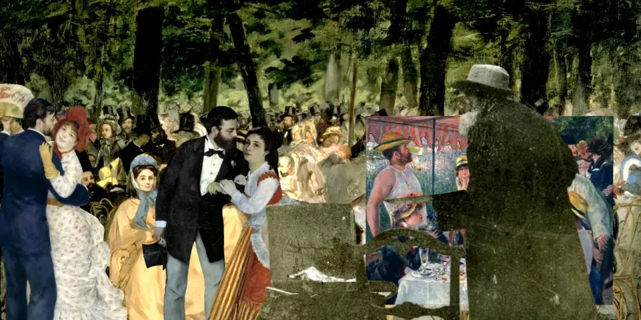 Collage d'œuvres impressionnistes, dont une scène de danse et des convives, évoquant une analyse du Bal du Moulin de la Galette.