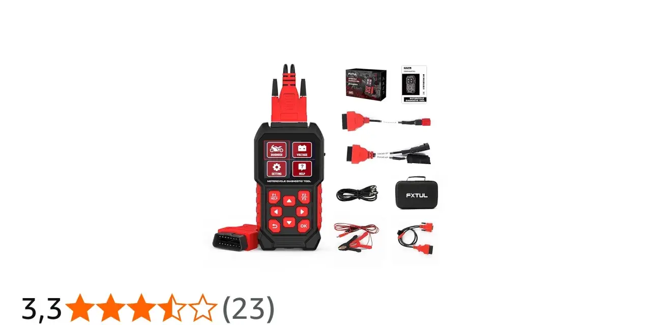 Strumento diagnostico moto per test regolatore di tensione, con cavi e accessori inclusi.
