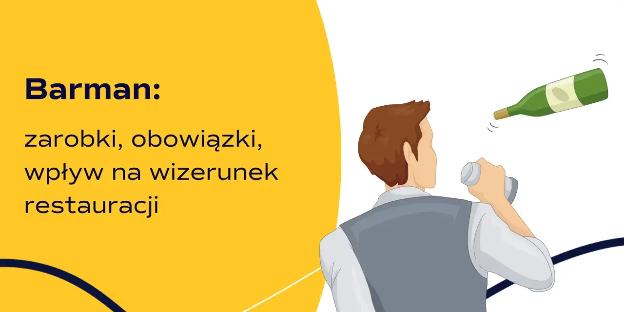 Ilustracja barmana przygotowującego drinki z butelką w tle.
