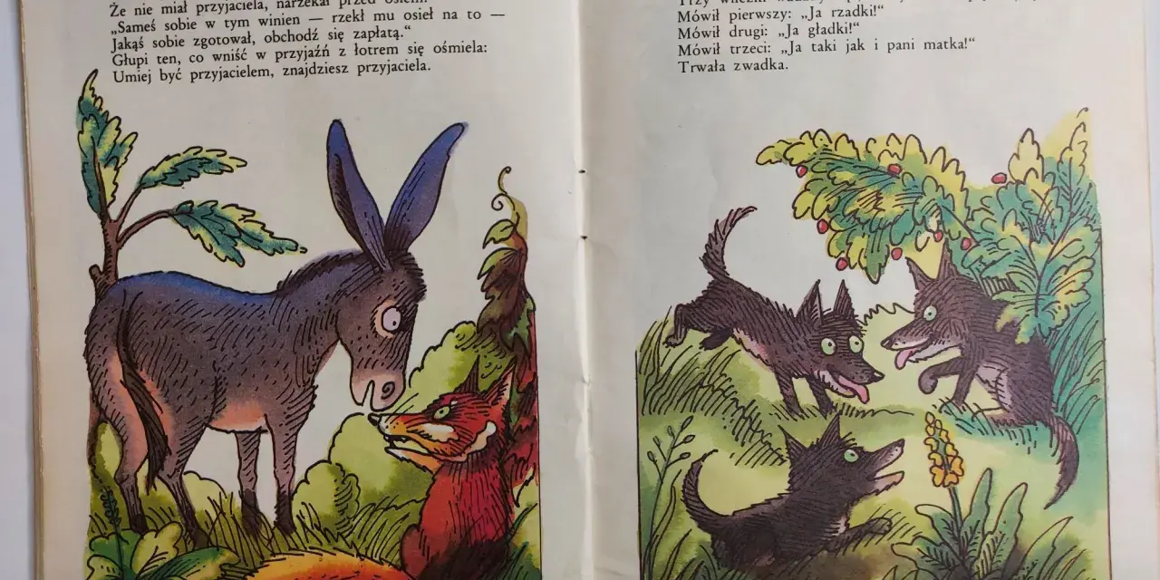 Ilustracje do bajek Krasickiego: lis i osioł, oraz trzy kłócące się wilczki.
