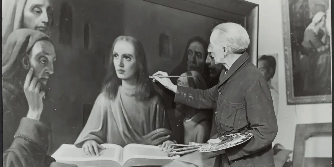 Giuliano Ruffini, artiste peintre, retouche une toile représentant des figures religieuses. Il tient pinceaux et palette.