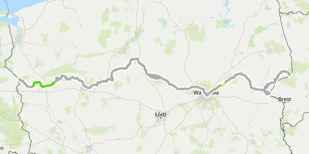 Mapa trasy rowerowej EuroVelo Polska, biegnącej przez Gdańsk, Warszawę i Łódź.