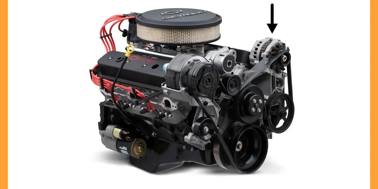 Chevrolet V8 engine with an alternator (arrow pointing). Wondering how long does an alternator last? This component is key to your car's electrical system.