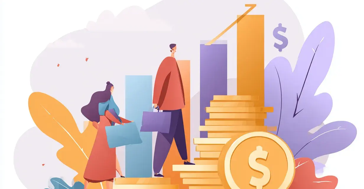 Personas subiendo escaleras de monedas, simbolizando el **autofinanciación de mantenimiento** y el crecimiento financiero.