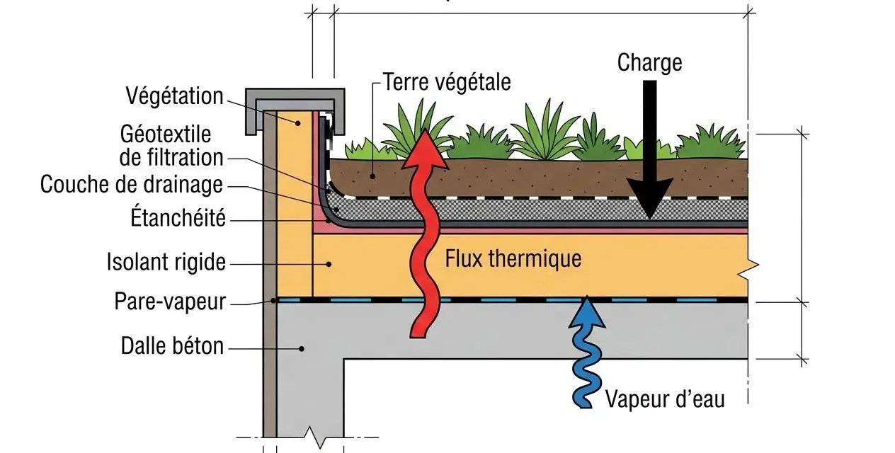 Coupe d'une toiture végétalisée montrant l'isolation par l'extérieur en polyuréthane, le drainage, l'étanchéité et la protection contre la vapeur.