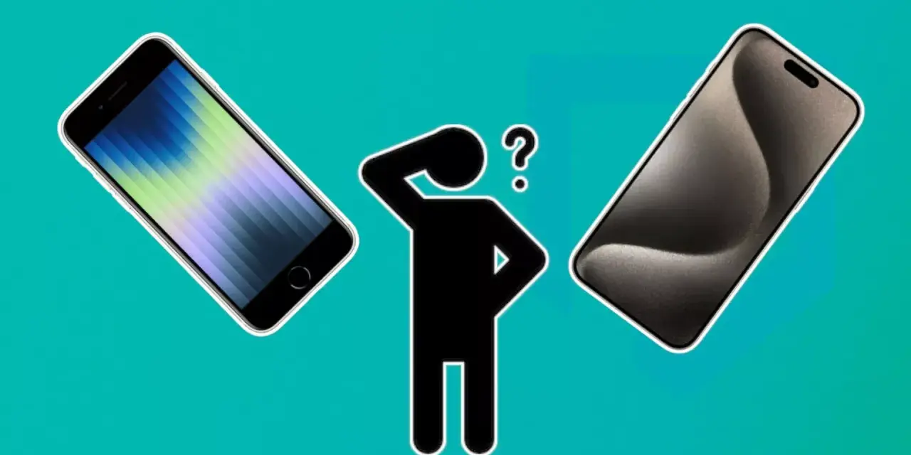 En person funderar vilken telefon har jag. Två iPhones, en äldre modell och en nyare, visas bredvid en tankfull figur.