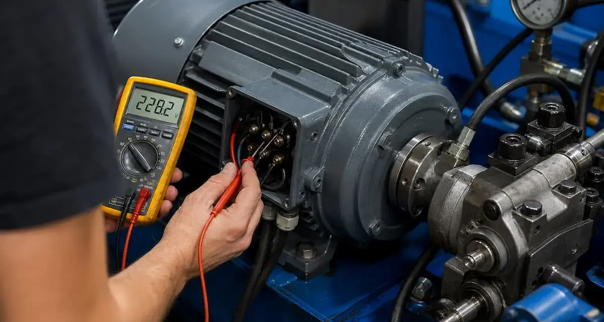 Elektryk sprawdza silnik do łuparki za pomocą multimetru. Urządzenie pokazuje 228.2V.