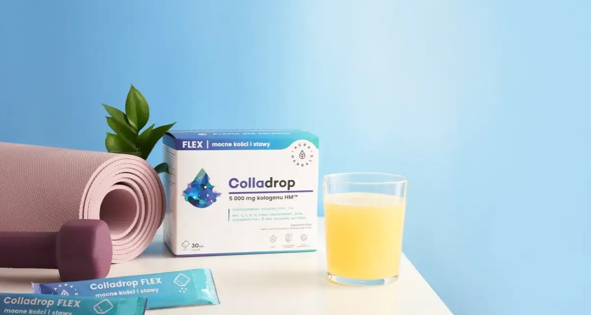 Aktywny senior z Colladrop FLEX: mata do ćwiczeń, hantle, napój i suplementy dla mocnych kości i stawów.