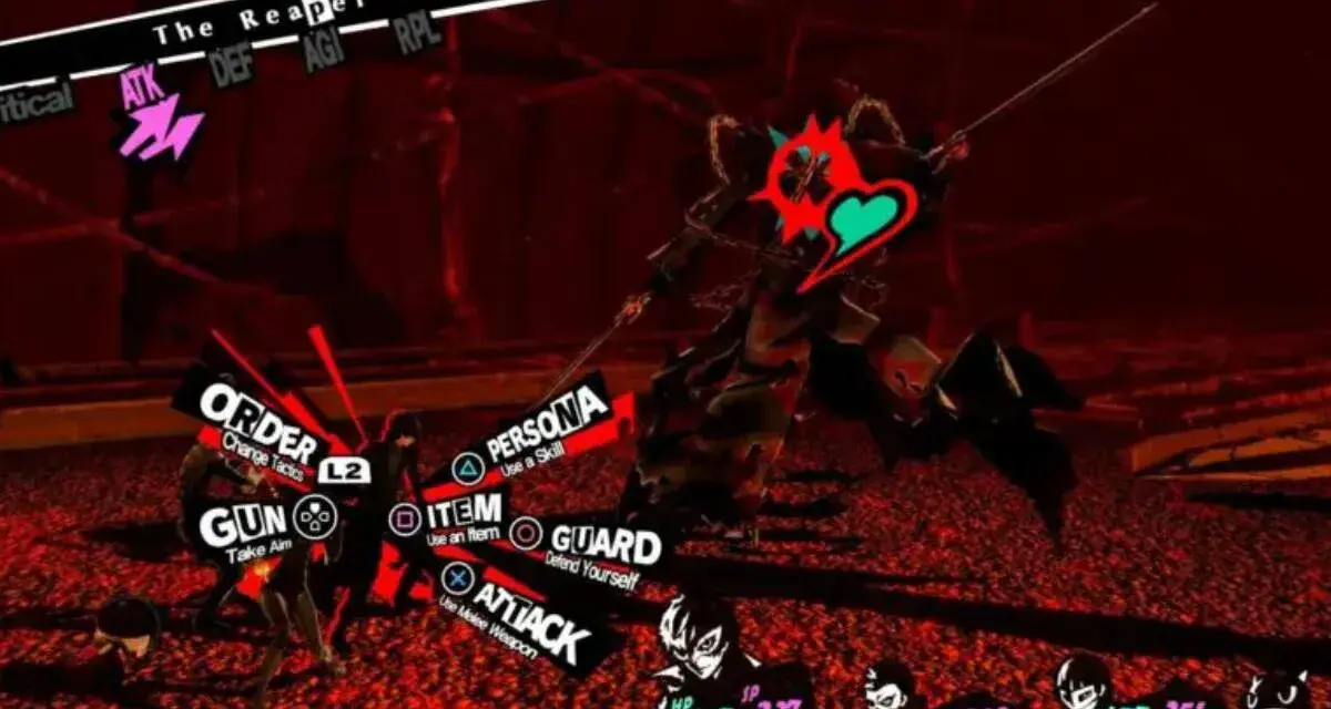 El segador de Persona 5 Royal se enfrenta a los Phantom Thieves. El combate es intenso, con opciones de ataque, persona, objeto, orden y defensa.