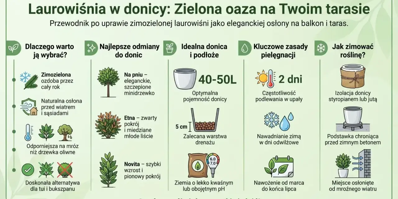 Laurowiśnia w donicy na tarasie: zimozielona ozdoba, osłona przed wiatrem i sąsiadami. Przewodnik po uprawie.