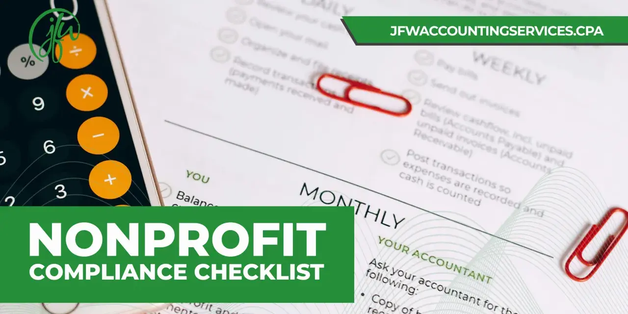 A calculator and a checklist for nonprofit compliance, featuring daily, weekly, and monthly tasks.