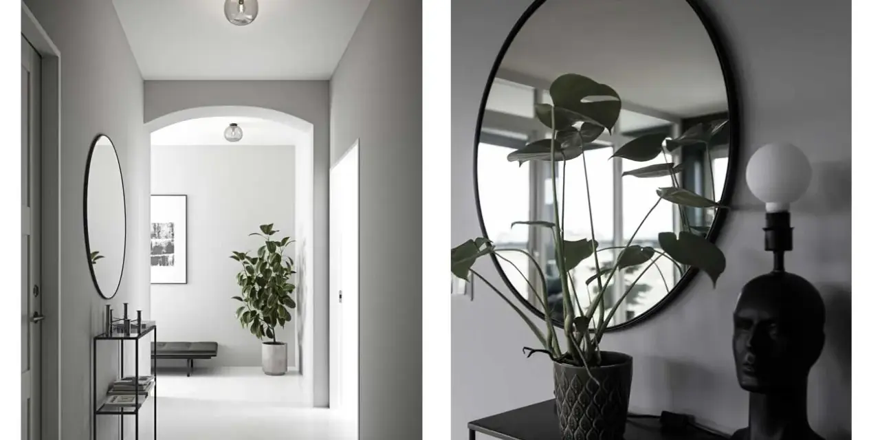 Snygg spegel hall inspiration med en stor rund spegel, en Monstera-växt och en unik lampa.