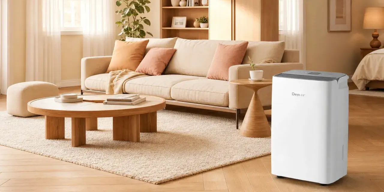 Un deumidificatore bianco Deye in un soggiorno moderno, ideale per capire come impostare il deumidificatore in estate e mantenere l'aria fresca.