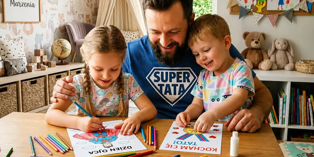 Tata w koszulce "Super Tata" z córką i synem maluje obrazki na Dzień Ojca.