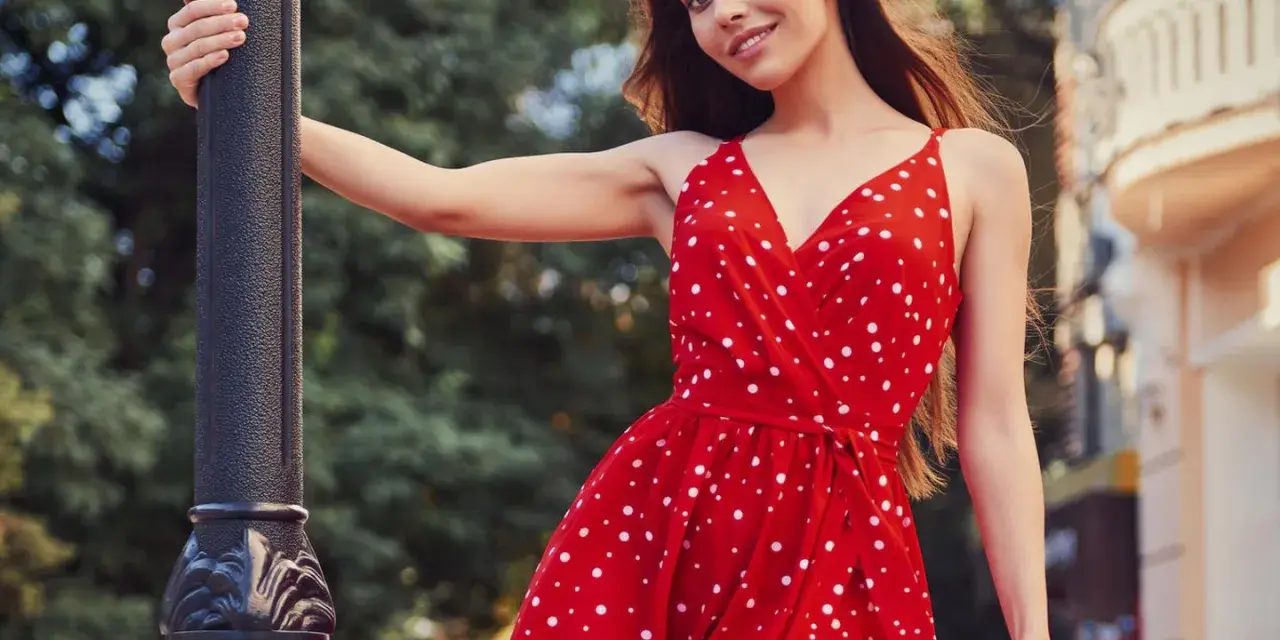 Junge Frau in einem roten Kleid mit Polka Dot Muster lehnt an einer Laterne.