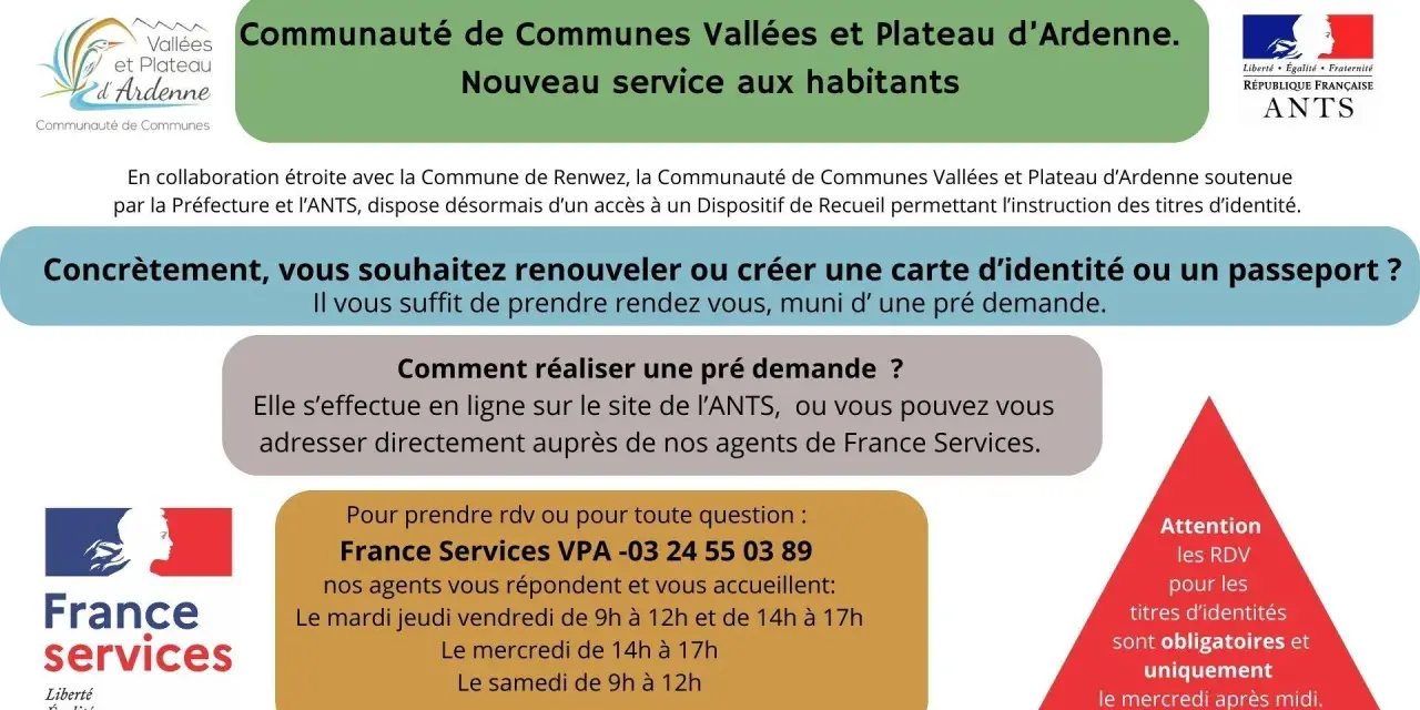 Communauté de Communes Vallées et Plateau d'Ardenne : nouveau service pour vos titres d'identité. Prise de RDV obligatoire le mercredi après-midi. État civil 08.