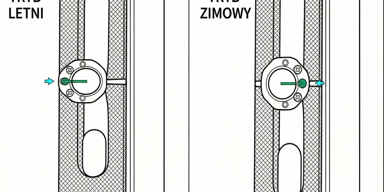 Ilustracja pokazuje, jak regulować okna plastikowe. Po lewej "tryb letni", po prawej "tryb zimowy".