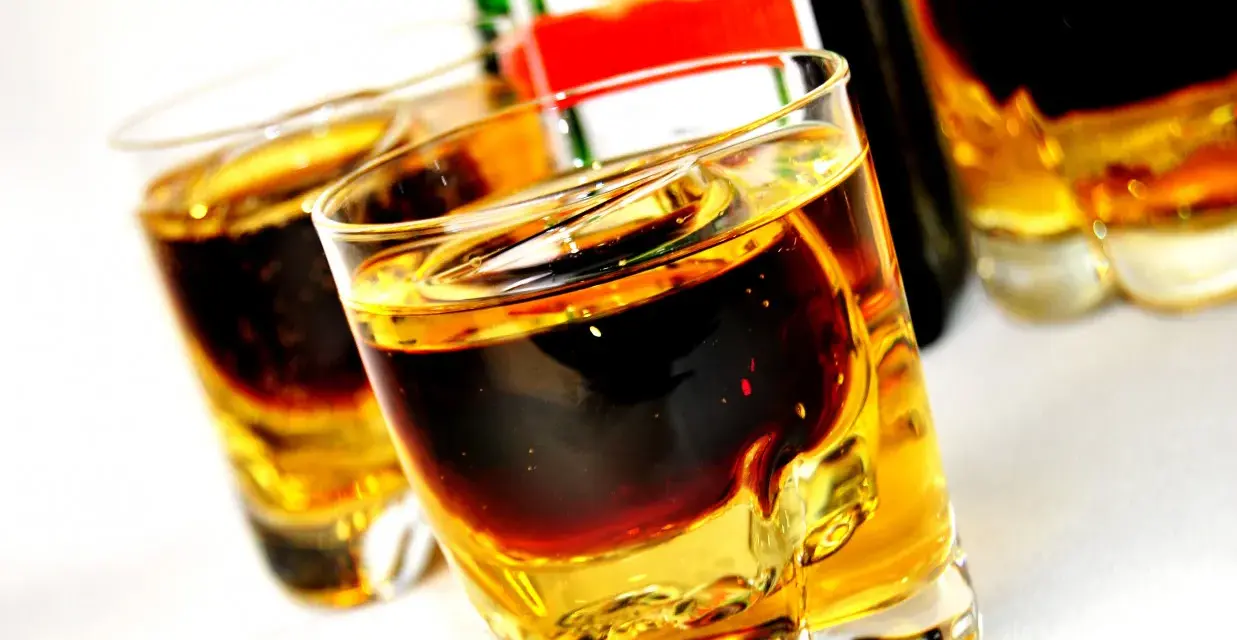Dwa kieliszki z warstwowym drinkiem Jägermeister i Red Bull. Butelka Jägermeister w tle.