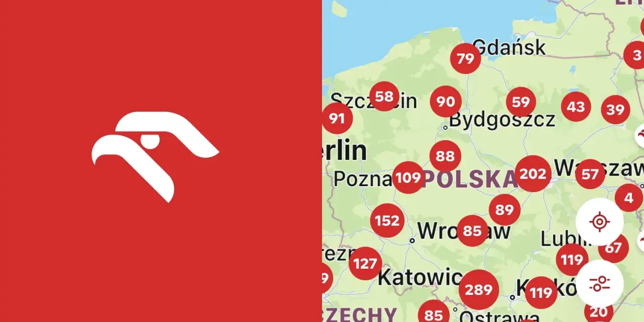 Mapa Polski z zaznaczonymi punktami, gdzie możliwa jest wymiana punktów Vitay na paliwo.