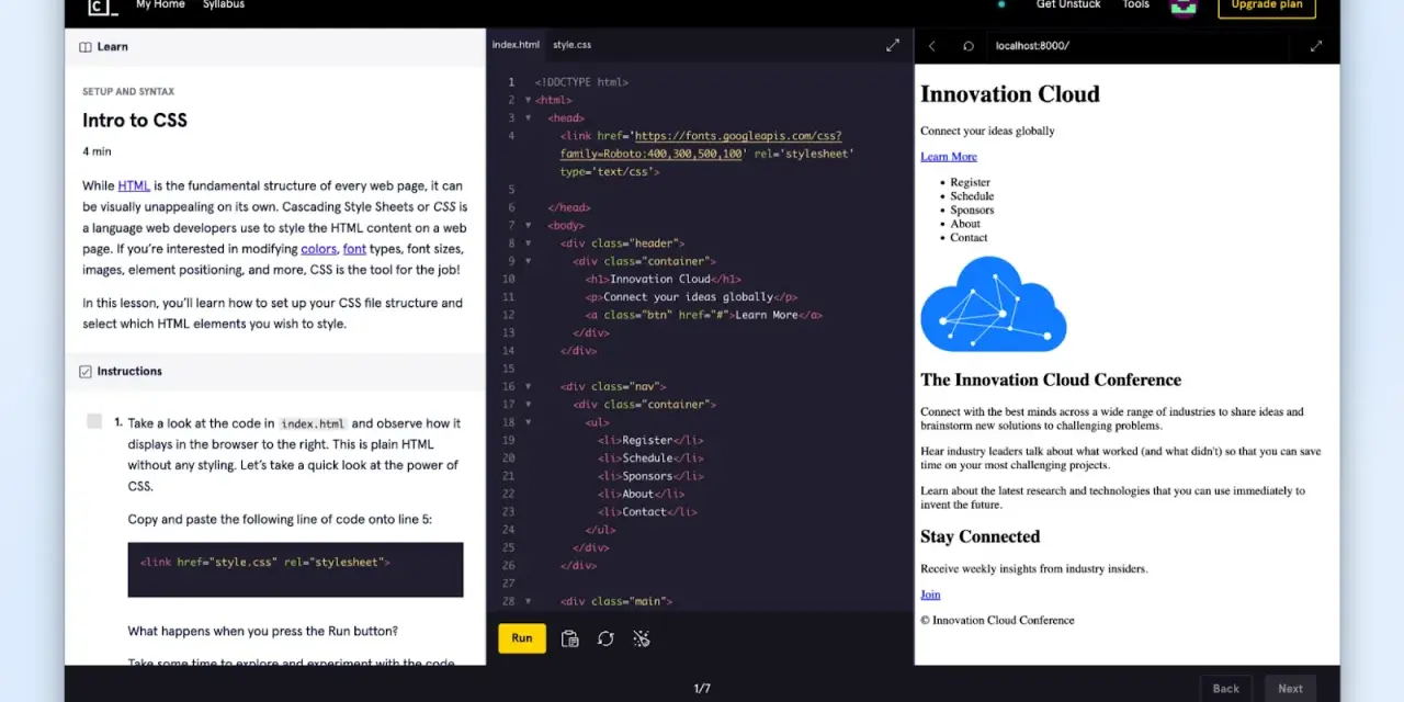 Aprende qué es CSS y cómo estiliza el contenido web. El código muestra un ejemplo de HTML y la línea para enlazar un archivo CSS.
