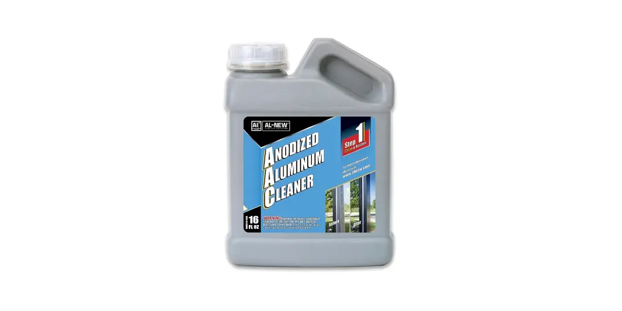 A bottle of AL-NEW Anodized Aluminum Cleaner, showing how to clean aluminum to restore its shine.